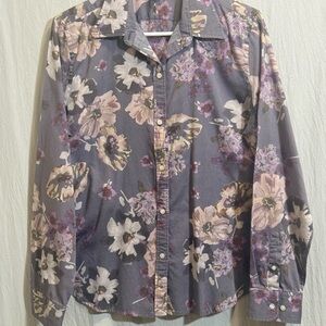 Vintage Chaps Lavender Floral 100% Cotton Button Wide Lapel Shirt